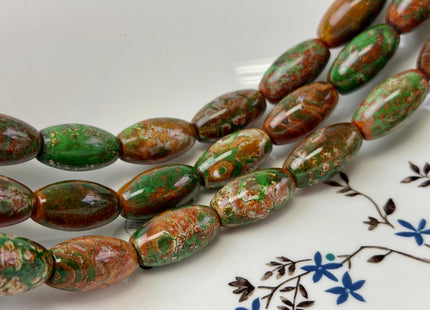 One Piece 13x24 mm AAA DZI Tibetan Agate Green and Brown Gemstone Large 1.5mm Hole Mala Antique Boho Barrel Beads #4785