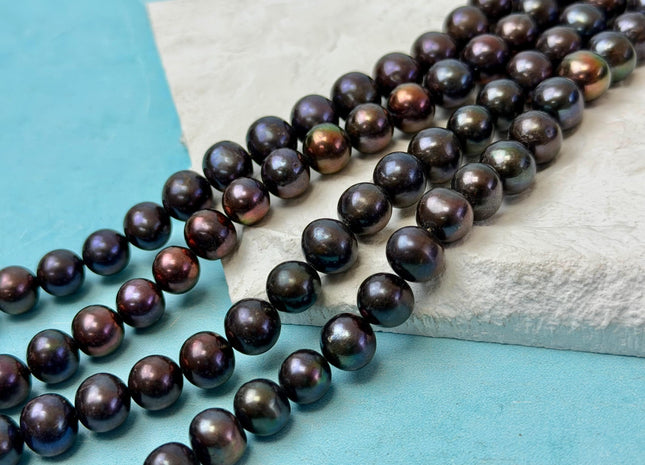 9-9.5 mm AAA Dark Peacock Color Off Round Freshwater Pearls 45 Beads #P3374