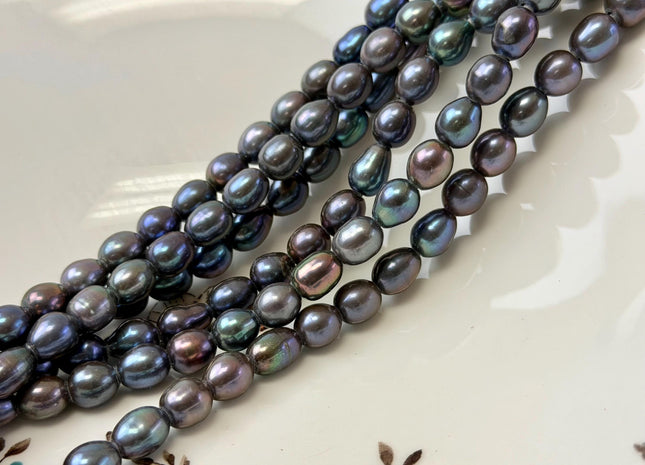 7x8-9 mm AA Half Strand Peacock Rice Freshwater Pearl Beads Large Hole Size 2.0mm 20 Beads #P3376