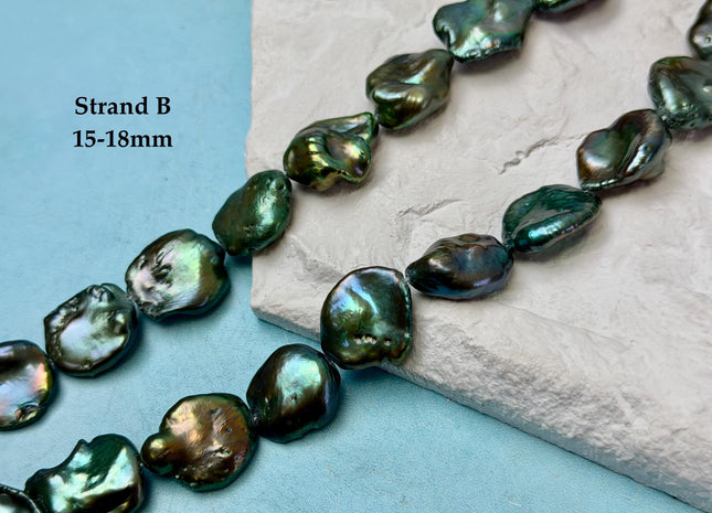 15-18 mm AAA Forest Green Color Jumbo Keshi Freshwater Pearls Very Rare High Luster With Gold Sheen Pearls #P3377