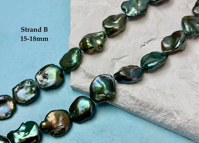 15-18 mm AAA Forest Green Color Jumbo Keshi Freshwater Pearls Very Rare High Luster With Gold Sheen Pearls #P3377