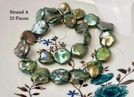 15-18 mm AAA Forest Green Color Jumbo Keshi Freshwater Pearls Very Rare High Luster With Gold Sheen Pearls #P3377