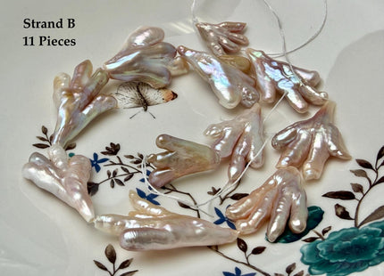 AAA Rare Chicken Feet Shape Freshwater Pearl Beads Natural Mauve Pink and Peach Color High Luster Limited Biwa Pearls 11 Pieces #P3381