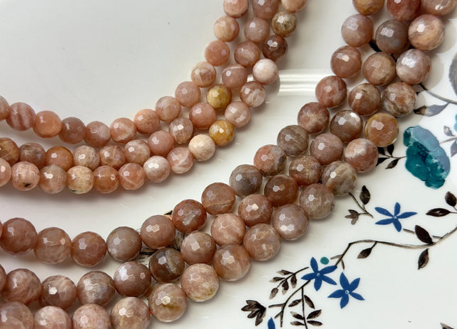 4mm 6mm 8mm 10mm 12mm Natural Color Peach MoonStone High Quality Faceted Round Gemstone Beads 15 Inches Strand #3005