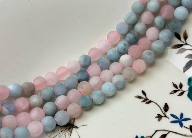 8.5 mm 10 mm Rose Quartz Aquamarine Matte Round Gemstone Loose Beads Hole Size 2.0mm 15 Inches Strand #4801