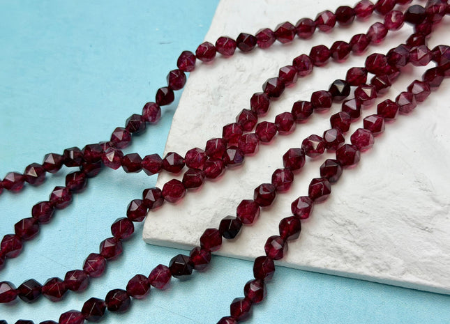 6 mm Faceted Star Cut Red Garnet Gemstone Beads 14.5 Inches Strand 62 Beads #4803