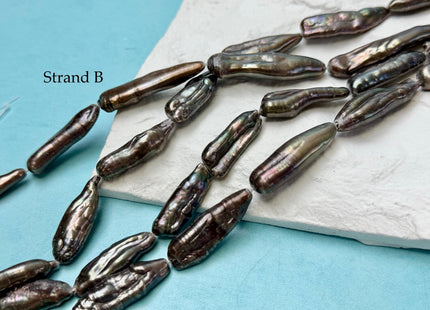 8-9.5x21-36mm AA Peacock Brown Color Biwa Stick Freshwater Pearl High Luster 15.5 Inches Strand #P3177