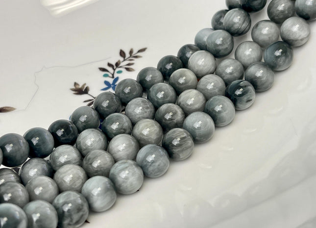 10 mm AAA Smooth Round Silvery Gray Black Eagle Eye Gemstones Natural Color Top Quality Round Eagle Eye Gemstone Loose Beads 38 Pieces #4766