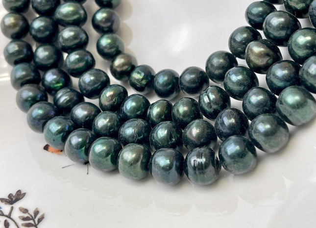 11-12 mm Dark Green Color Potato Freshwater Pearl Beads Genuine Cultured Freshwater Dark Green Colored Pearls 39 Pieces #P3343
