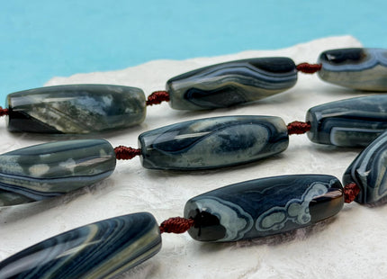 One Piece 13x38 mm AAA Dark Blue and White Wave Agate Gemstone Large 2.0mm Hole Barrel Beads 1.5 Inch Long #4759