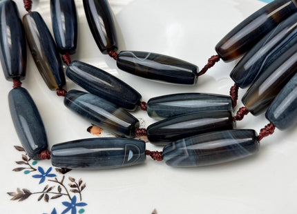 One Piece 13x38 mm AAA Dark Blue and White Wave Agate Gemstone Large 2.0mm Hole Barrel Beads 1.5 Inch Long #4759