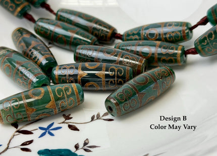 One Piece 14x40 mm AAA DZI Tibetan Agate Green and Brown Gemstone Large 2.0mm Hole Mala Antique Boho Barrel Beads 1.5 Inch Long #4760