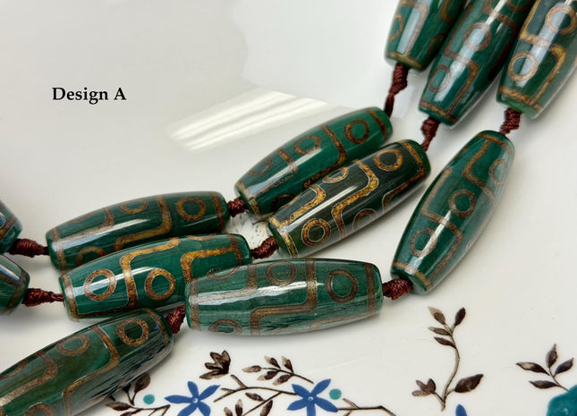 One Piece 14x40 mm AAA DZI Tibetan Agate Green and Brown Gemstone Large 2.0mm Hole Mala Antique Boho Barrel Beads 1.5 Inch Long #4760
