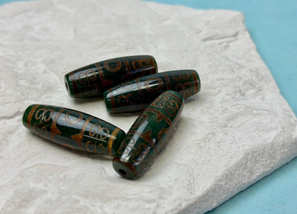 One Piece 14x40 mm AAA DZI Tibetan Agate Green and Brown Gemstone Large 2.0mm Hole Mala Antique Boho Barrel Beads 1.5 Inch Long #4760