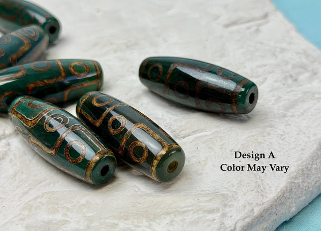 One Piece 14x40 mm AAA DZI Tibetan Agate Green and Brown Gemstone Large 2.0mm Hole Mala Antique Boho Barrel Beads 1.5 Inch Long #4760