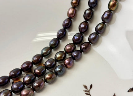 9-10x11-12mm Dark Brown Metallic Peacock Color Freshwater Rice/Oval Pearls 34 Beads #P3397