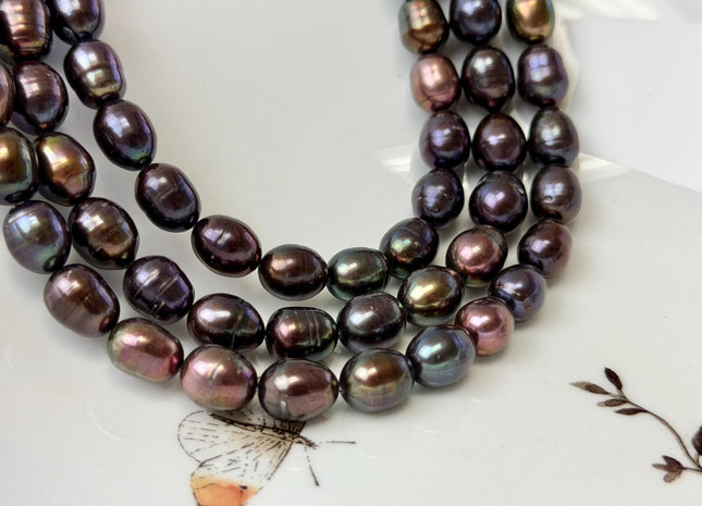 9-10x11-12mm Dark Brown Metallic Peacock Color Freshwater Rice/Oval Pearls 34 Beads #P3397