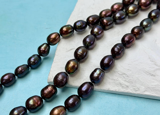 9-10x11-12mm Dark Brown Metallic Peacock Color Freshwater Rice/Oval Pearls 34 Beads #P3397