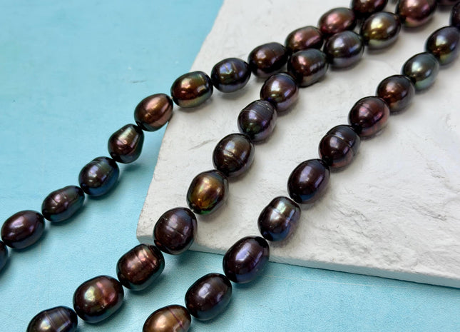 9-10x11-12mm Dark Brown Metallic Peacock Color Freshwater Rice/Oval Pearls 34 Beads #P3397