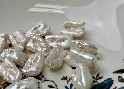 13-15x22-26 mm Natural White Biwa Freshwater Pearl Center Drilled Rare Thick High Luster Biwa Pearl Beads #P3398