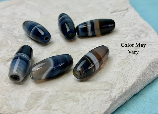 One Piece 9x31 mm AAA Blue and White Wave Agate Gemstone Large 2.0mm Hole Barrel Beads 1.5 Inch Long #4761