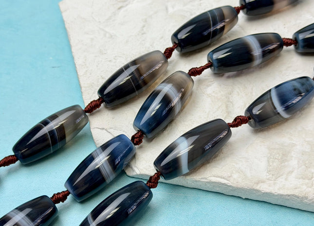 One Piece 9x31 mm AAA Blue and White Wave Agate Gemstone Large 2.0mm Hole Barrel Beads 1.5 Inch Long #4761