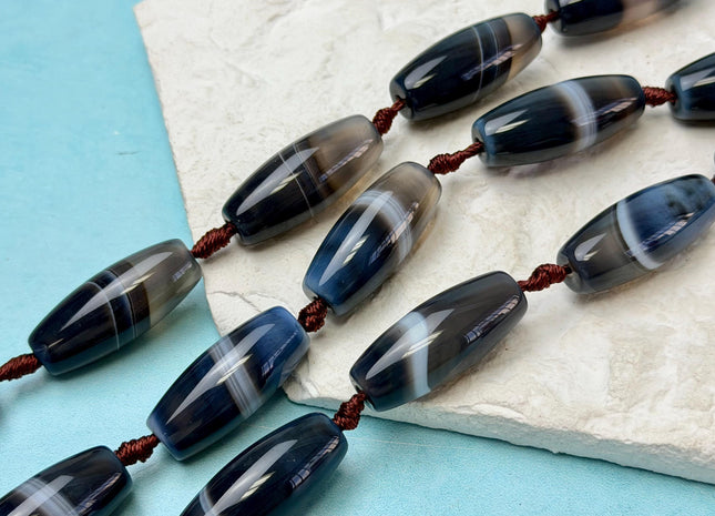One Piece 9x31 mm AAA Blue and White Wave Agate Gemstone Large 2.0mm Hole Barrel Beads 1.5 Inch Long #4761