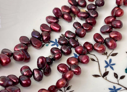 8-9x10-11 mm Top Drilled Burgundy Red Color Rice/Oval Freshwater Pearl Beads Genuine Freshwater Pearls 63 Pieces #P3345