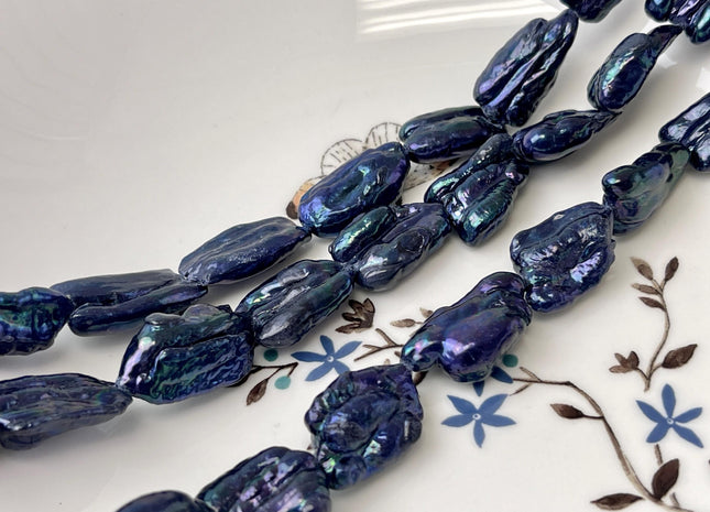 10-14x15-21 mm AA Purplish Peacock Blue Biwa Stick Freshwater Pearl Beads Biwa Keshi Pearls 21 Pieces #P3346