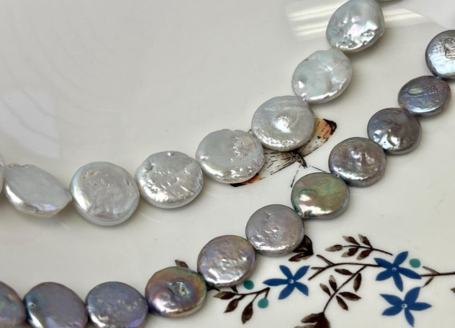 14-15 mm Silver Gray Or Dark Gray Coin Freshwater Pearl Beads Genuine Gray Flat Coin Freshwater Pearl Beads #91