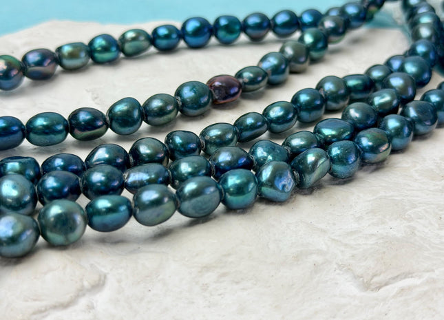 8x8.5-10 mm AA Teal Blue Peacock Color Rice Nugget Freshwater Pearls Large 2.1 mm Hole Lustrous Rice Nugget Pearl Beads 43 Pieces #P3332