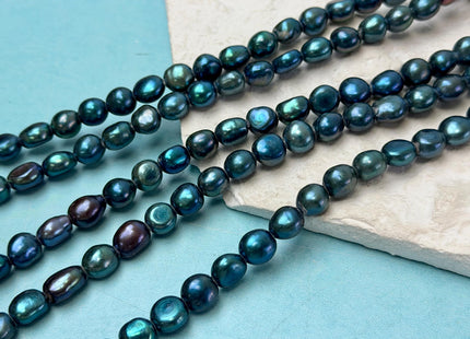 8x8.5-10 mm AA Teal Blue Peacock Color Rice Nugget Freshwater Pearls Large 2.1 mm Hole Lustrous Rice Nugget Pearl Beads 43 Pieces #P3332