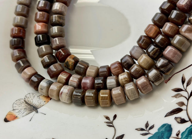 8x10 mm AAA Cylindrical Barrel Rondelle Natural Petrified Wood Beads Taupe Beige Brown Color High Quality Gemstone 49 Beads #4787