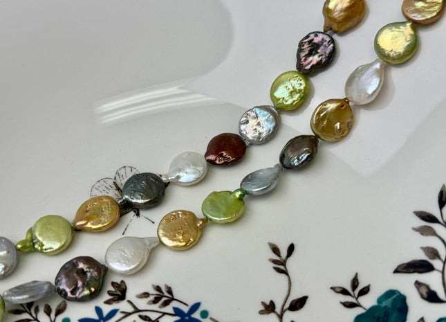 12 mm Mixed Color Coin Freshwater Pearl Beads Genuine Mixed White Gray Gold Bronze Copper Green Brown Coin Pearls 28 Beads #P3402