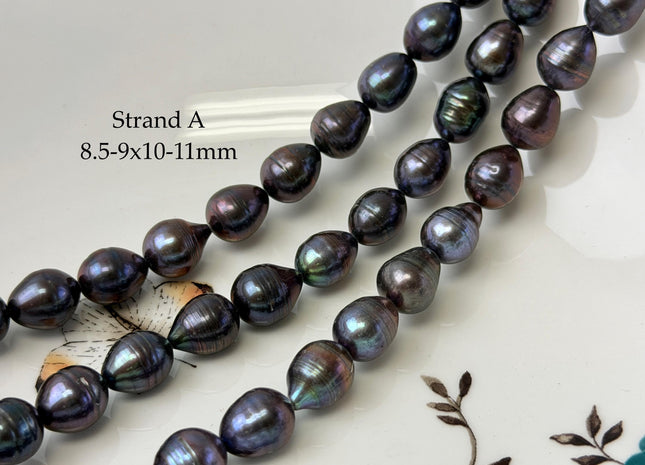 8.5-9x9.5-11 mm Purplish Peacock Teardrop Rice/Oval Freshwater Pearls 15.5 Inches Strand #P3420