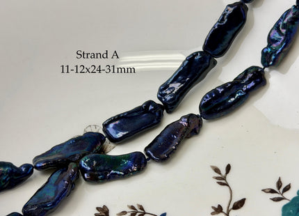 11-13x22-31 mm AAA Purplish Peacock Blue Color Biwa Stick Freshwater Keshi Pearl 16 Inches Strand 15 Pieces #P3422