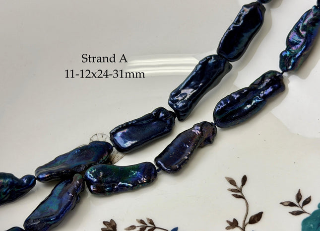 11-13x22-31 mm AAA Purplish Peacock Blue Color Biwa Stick Freshwater Keshi Pearl 16 Inches Strand 15 Pieces #P3422
