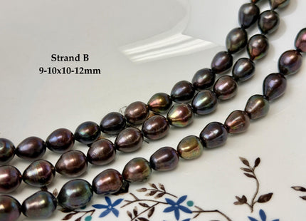 9-10x10-14mm Dark Brown Metallic Peacock Color Freshwater Rice/Oval Pearl Beads #P3405