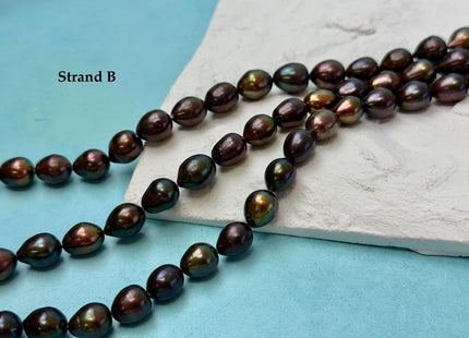 9-10x10-14mm Dark Brown Metallic Peacock Color Freshwater Rice/Oval Pearl Beads #P3405