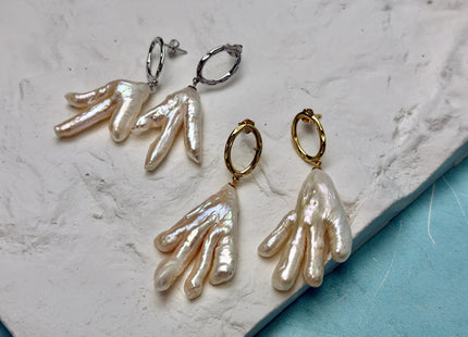 One Pair 30mm Natural White Baroque Chicken Feet Pearl Earring With 925 Sterling Silver/Gold Stud Earrings #10047-L