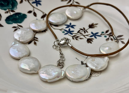 18 Inches Hand Knotted 15 mm Natural White Freshwater Coin Pearl Leather Necklace W/Lobster Clasp and Extender #P3410