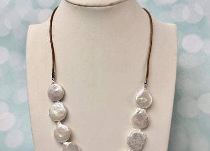 18 Inches Hand Knotted 15 mm Natural White Freshwater Coin Pearl Leather Necklace W/Lobster Clasp and Extender #P3410