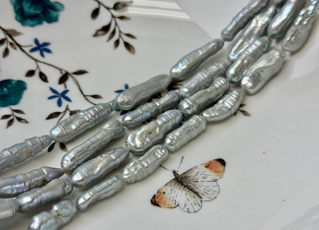7-10x20-28 mm Gray Biwa Stick Freshwater Pearl Beads Unique Biwa Keshi Pearls #P3412