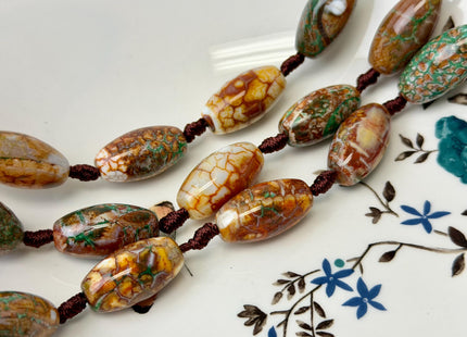 One Piece 13x24 mm AAA DZI Tibetan Agate Green and Brown Gemstone Large 2.0mm Hole Mala Antique Boho Barrel Beads 1 Inch Long #4770