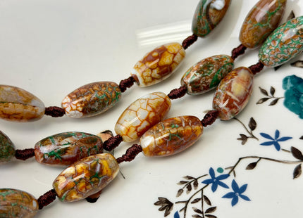 One Piece 13x24 mm AAA DZI Tibetan Agate Green and Brown Gemstone Large 2.0mm Hole Mala Antique Boho Barrel Beads 1 Inch Long #4770