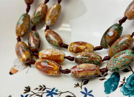 One Piece 13x24 mm AAA DZI Tibetan Agate Green and Brown Gemstone Large 2.0mm Hole Mala Antique Boho Barrel Beads 1 Inch Long #4770