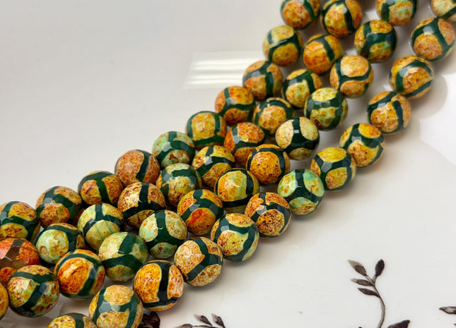 10mm AAA DZI Tibetan Agate Faceted Round Yellow Green Color Football Agate Gemstone 15 Inches Strand 38 Beads #4797