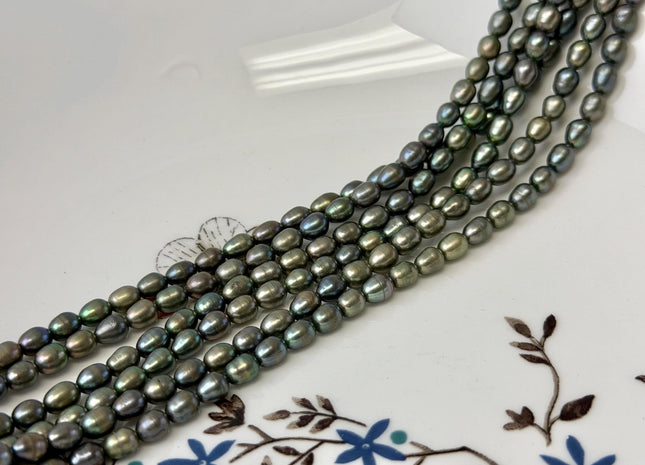 4x5-6 mm AA Olive Green Color Oval/Rice Freshwater Pearl 16 Inches Strand 77 Beads #P3439