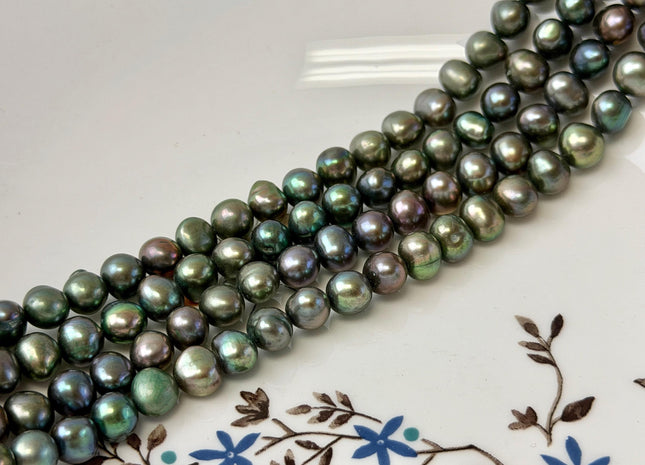8-9 mm AA Peacock Green Color Potato Freshwater Pearls 15.5 Inches Strand 56 Beads #P3442