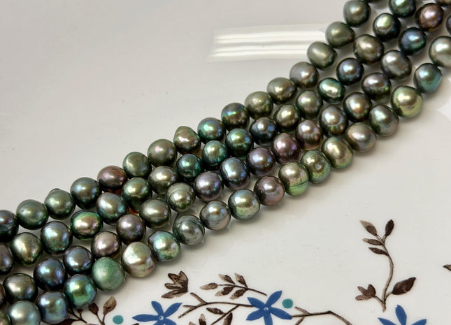 8-9 mm AA Peacock Green Color Potato Freshwater Pearls 15.5 Inches Strand 56 Beads #P3442